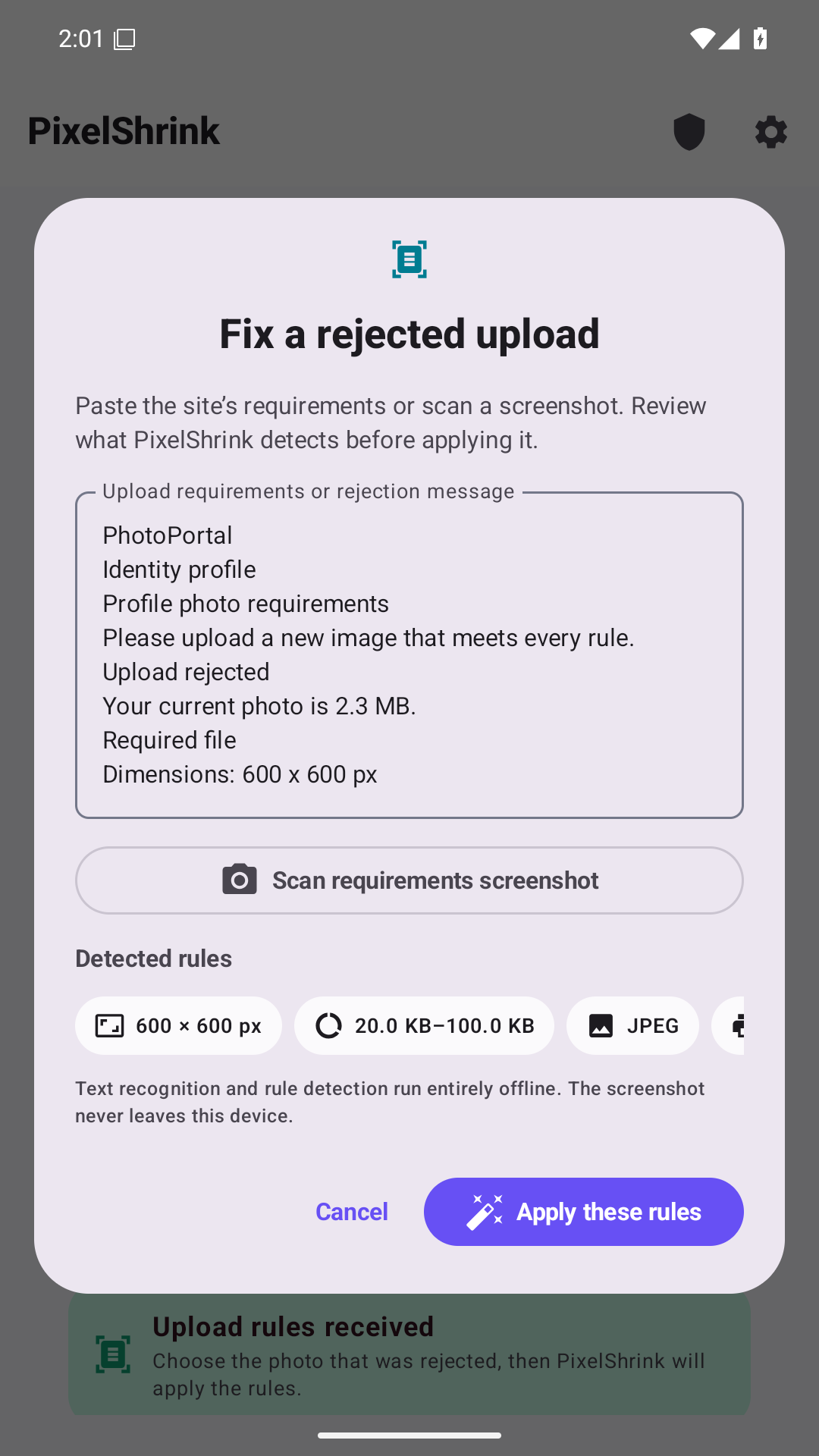 PixelShrink Requirement Lens detecting supported upload rules