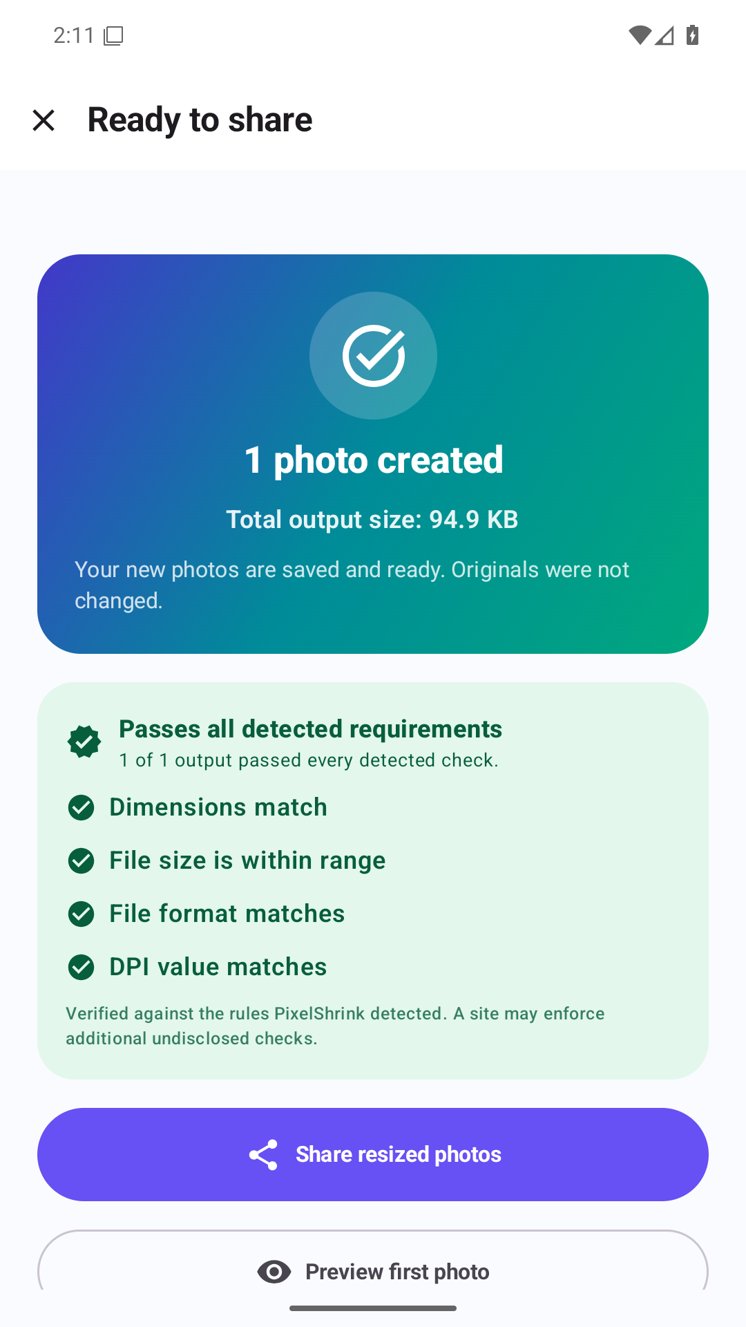PixelShrink showing measured output verification